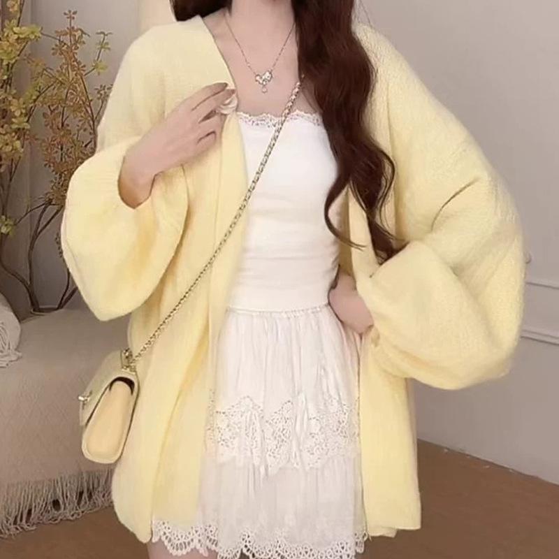 Bark pattern bubble sleeve knitted cardigan for women's autumn and winter new lazy meat-covering and thin sweater versatile jacket for women