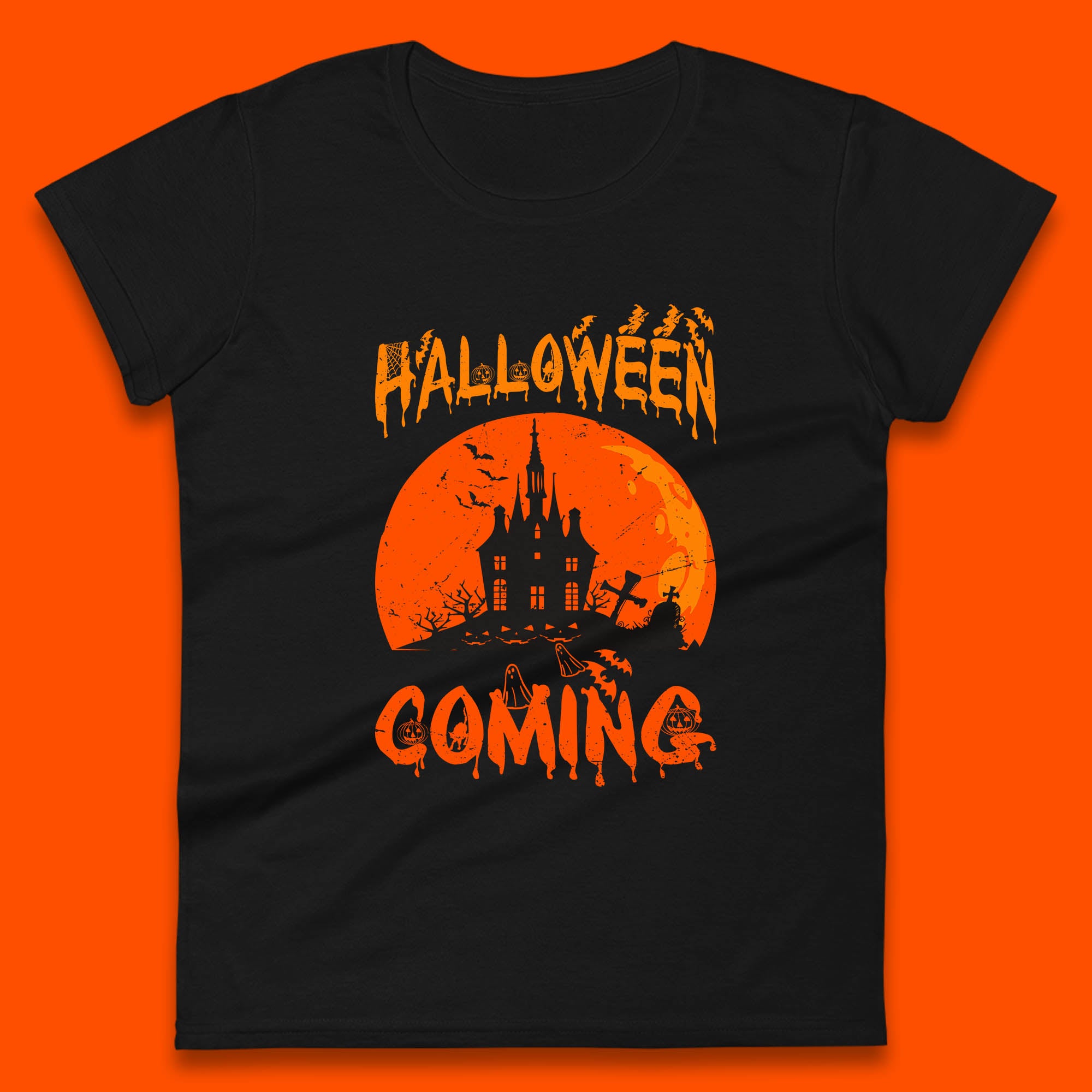 

Halloween Coming Horror Scary Ghost Haunted House Spooky Season Womens Tee T Shirt Mens Tops Unisex Top XL