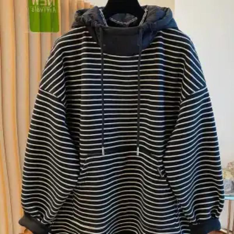 

Худі в смужку Осінньо-зимовий новий стиль Вільний лінивий стиль Зігріваючий вільний топ L чорний