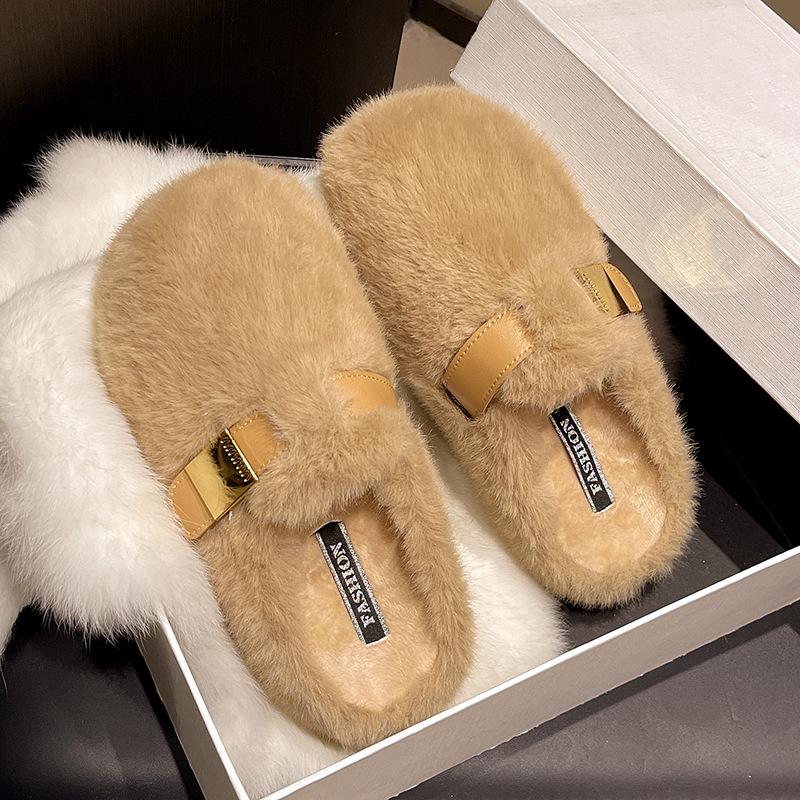 Thick bottom heightening fluffy slippers women's outer wear 2025 new autumn and winter high-end plush belt buckle cotton slippers