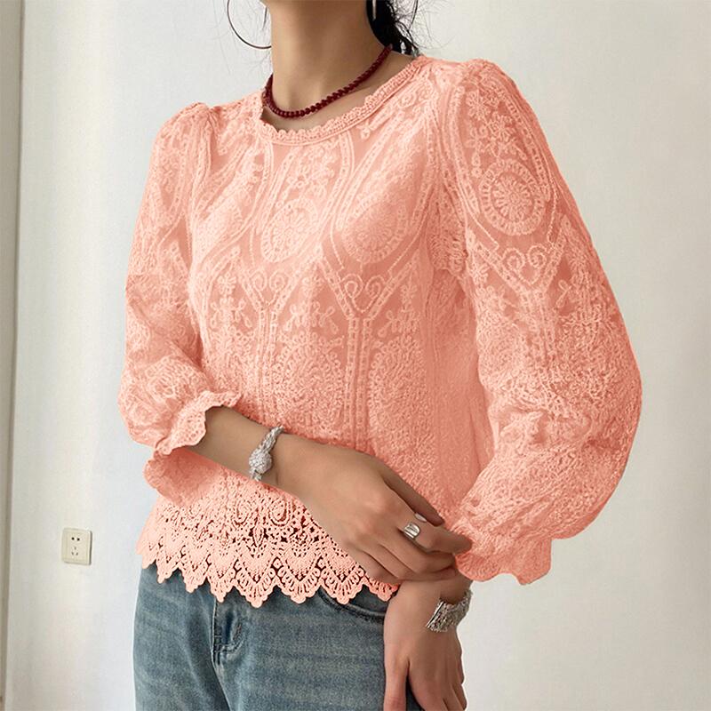 

ZANZEA Женская элегантная блузка с кружевной отделкой, рукав 3/4, повседневная 2XL розовый