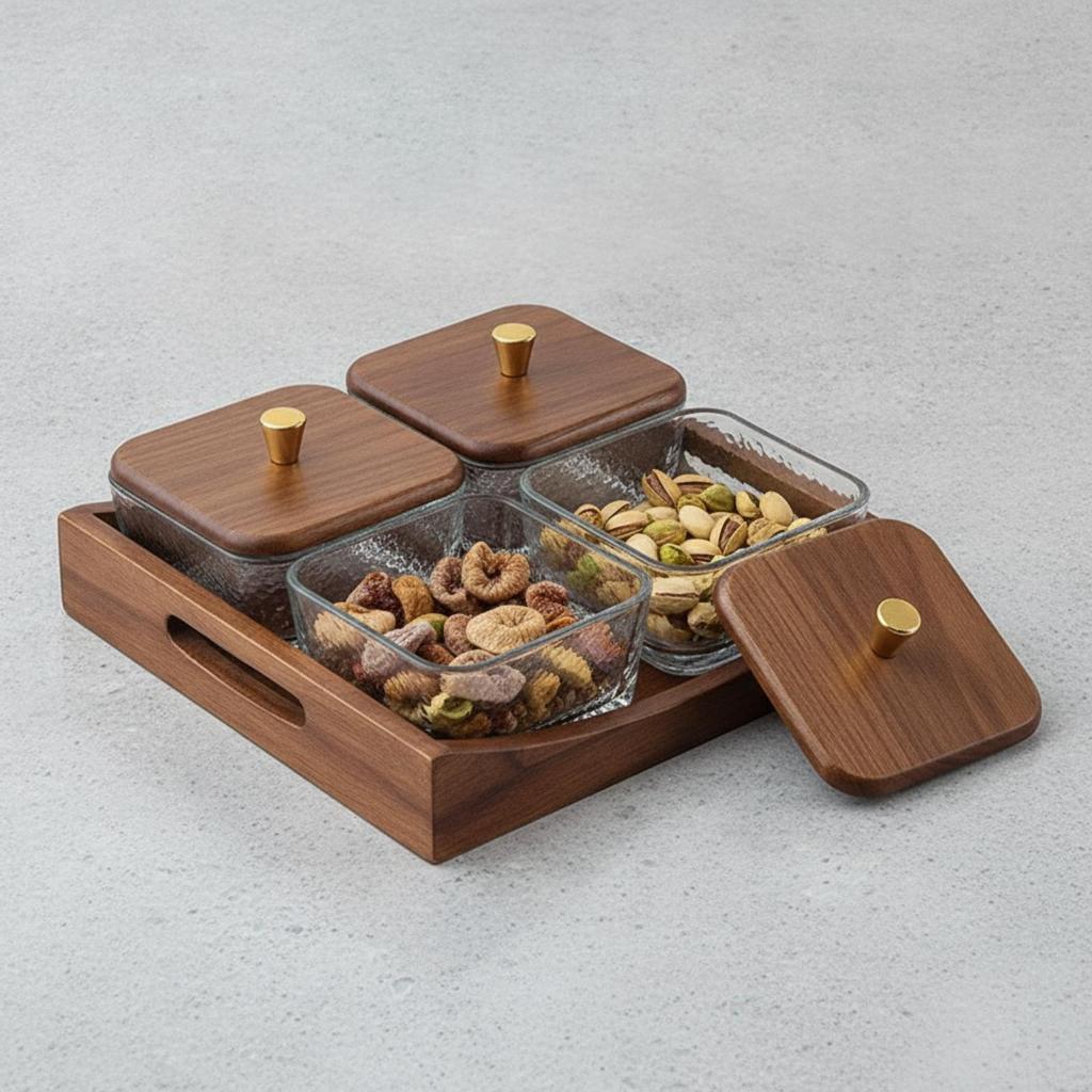 Getrennte Vorspeisenplatte mit Schalen | Walnuss, Holz Snack Tablett Glas