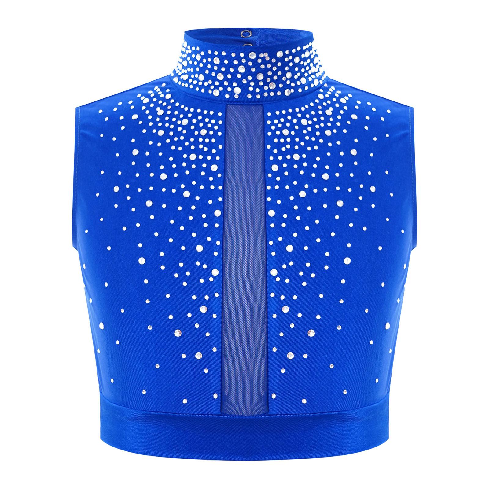 

Укороченный топ для девочек Lyrical Dance с воротником-стойкой, без рукавов, вырез-замочная скважина сзади, отделка стразами для современных выступлений 5-6 Years синий