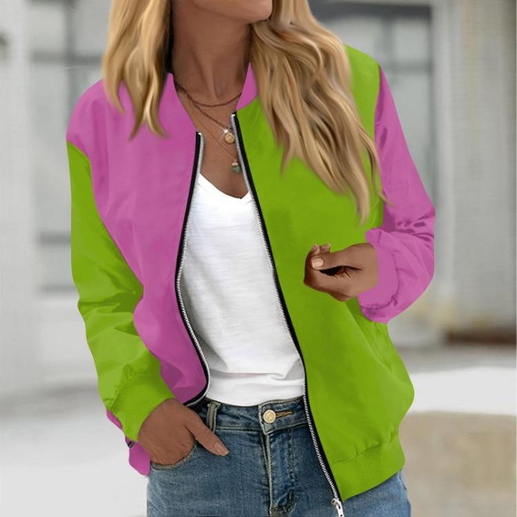 Print Round Neck Casual Long Sleeve Zipper Jacket Fashionable Women