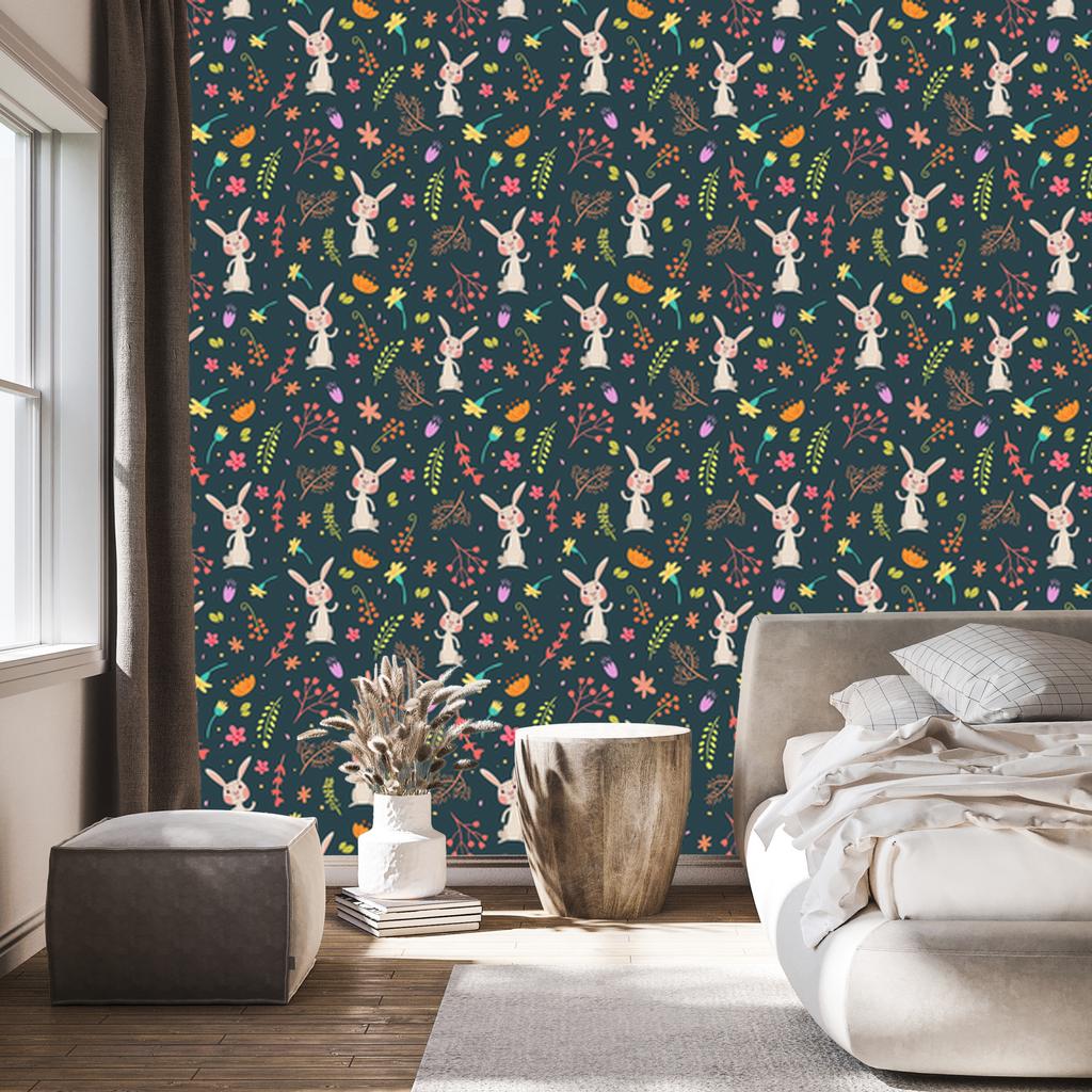 Wallpaper Bunnies Among Forest Plants for Living Room and Bedroom 50x1000