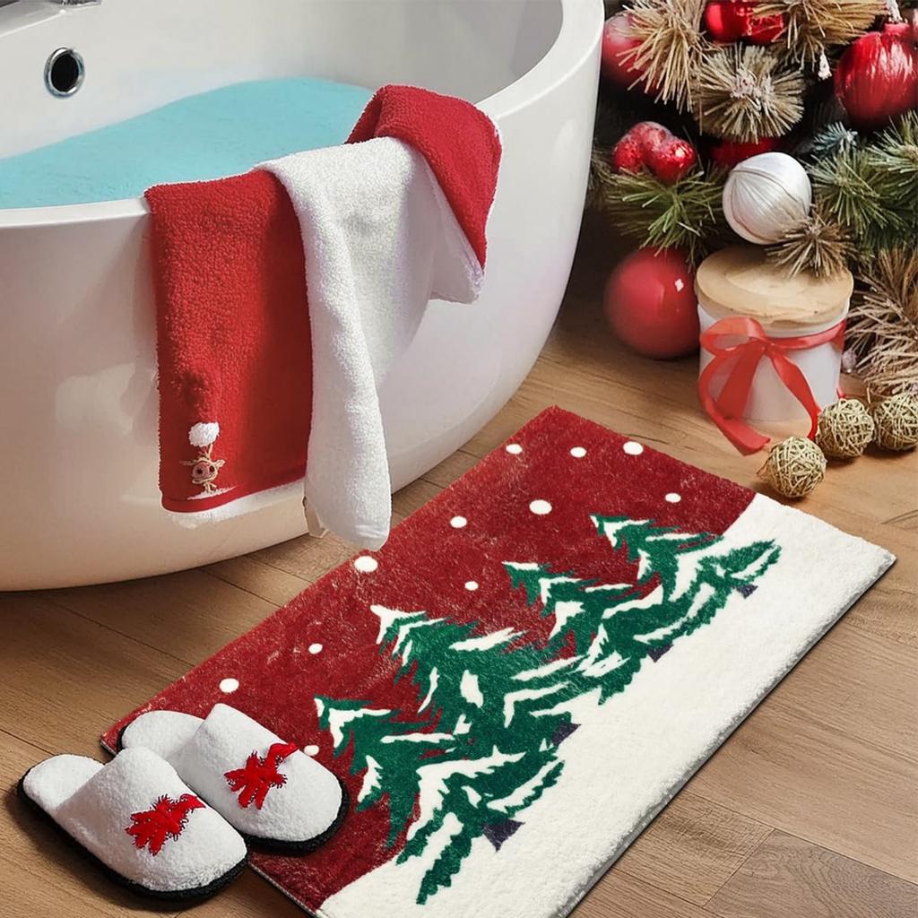 Christmas Bathroom Rugs: Non- Christmas Tree Door Mat, Soft Red Bathroom Rug, Absorbent Washable Bath Mat