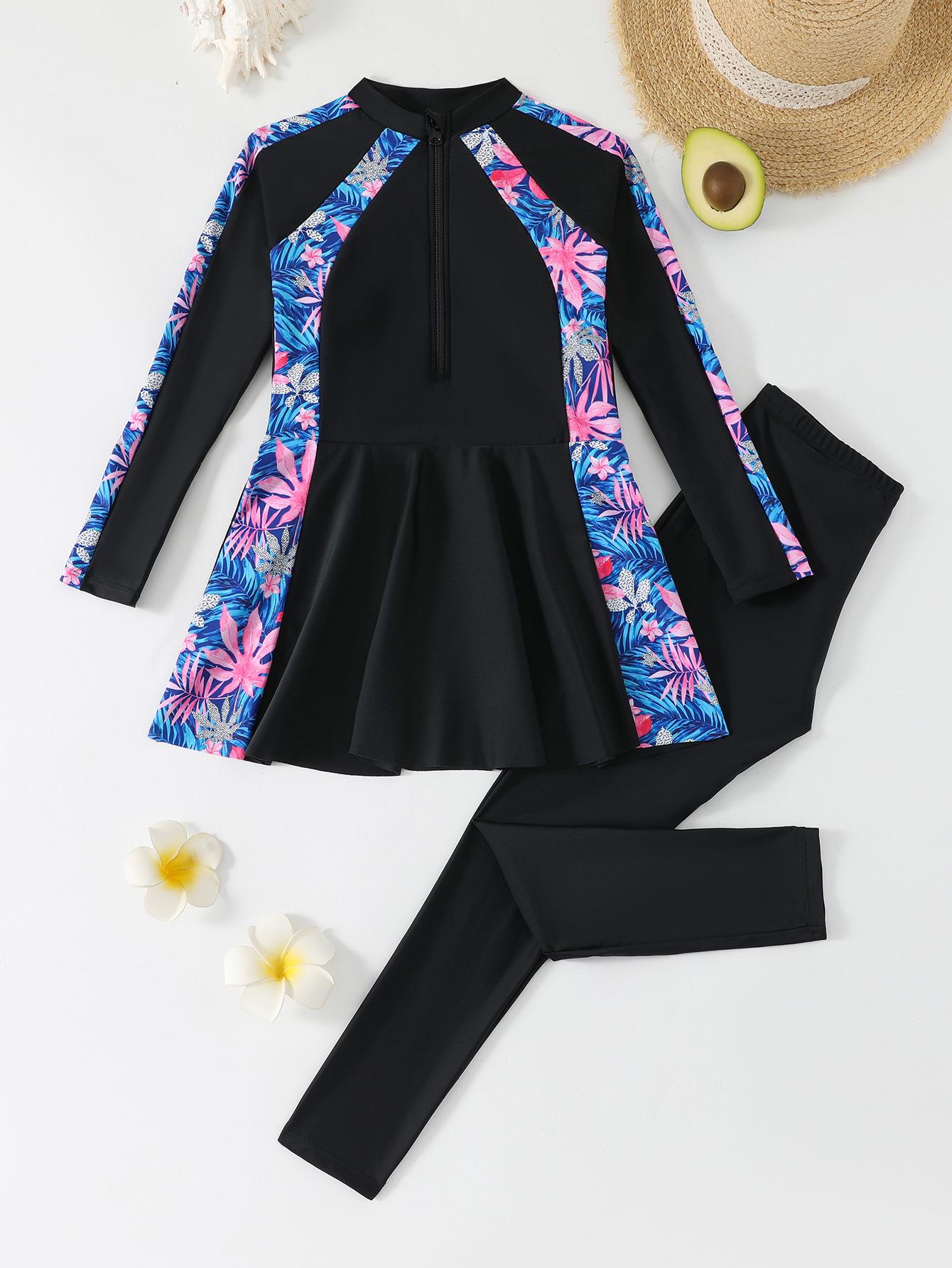 2026 Girls  Conservative Two-Piece Swimsuit Set – Zipper Long Sleeve Top and Long Pants 11Y (140-146 cm)