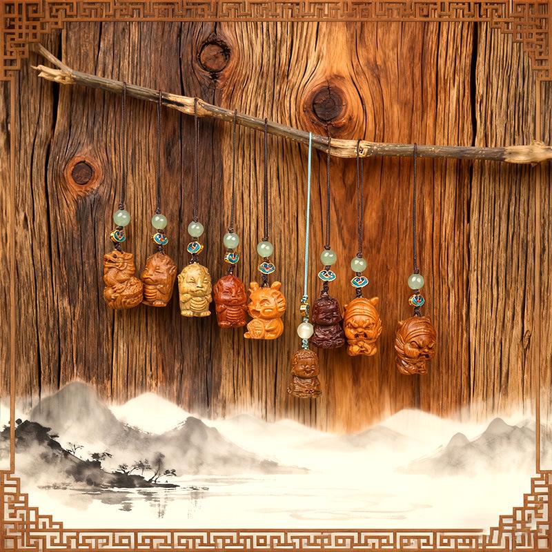 Green Sandalwood Zodiac Pendant: Carved Wooden Phone Chain & Keychain Charm