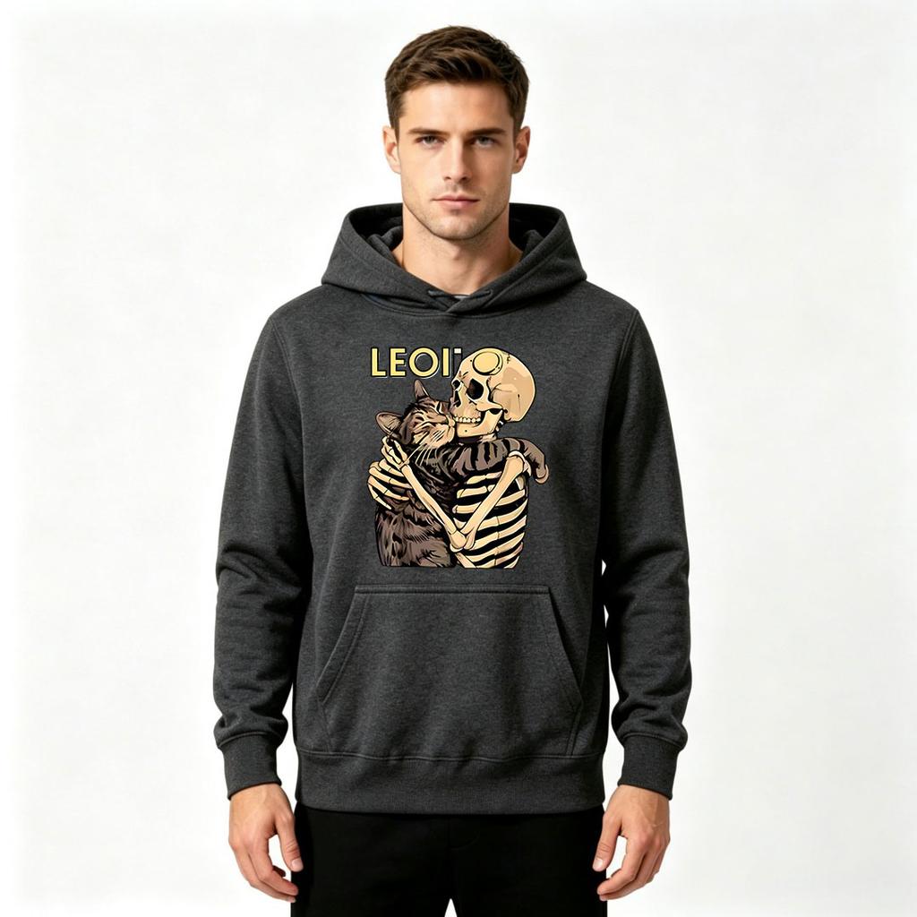 Men Funny Skeleton Hug Cute Cat Leo Print Hoodie Casual Long Sleeve Streetwear Pullover Hooded Sweatshirt Autumn Winter Daily Warm Tops