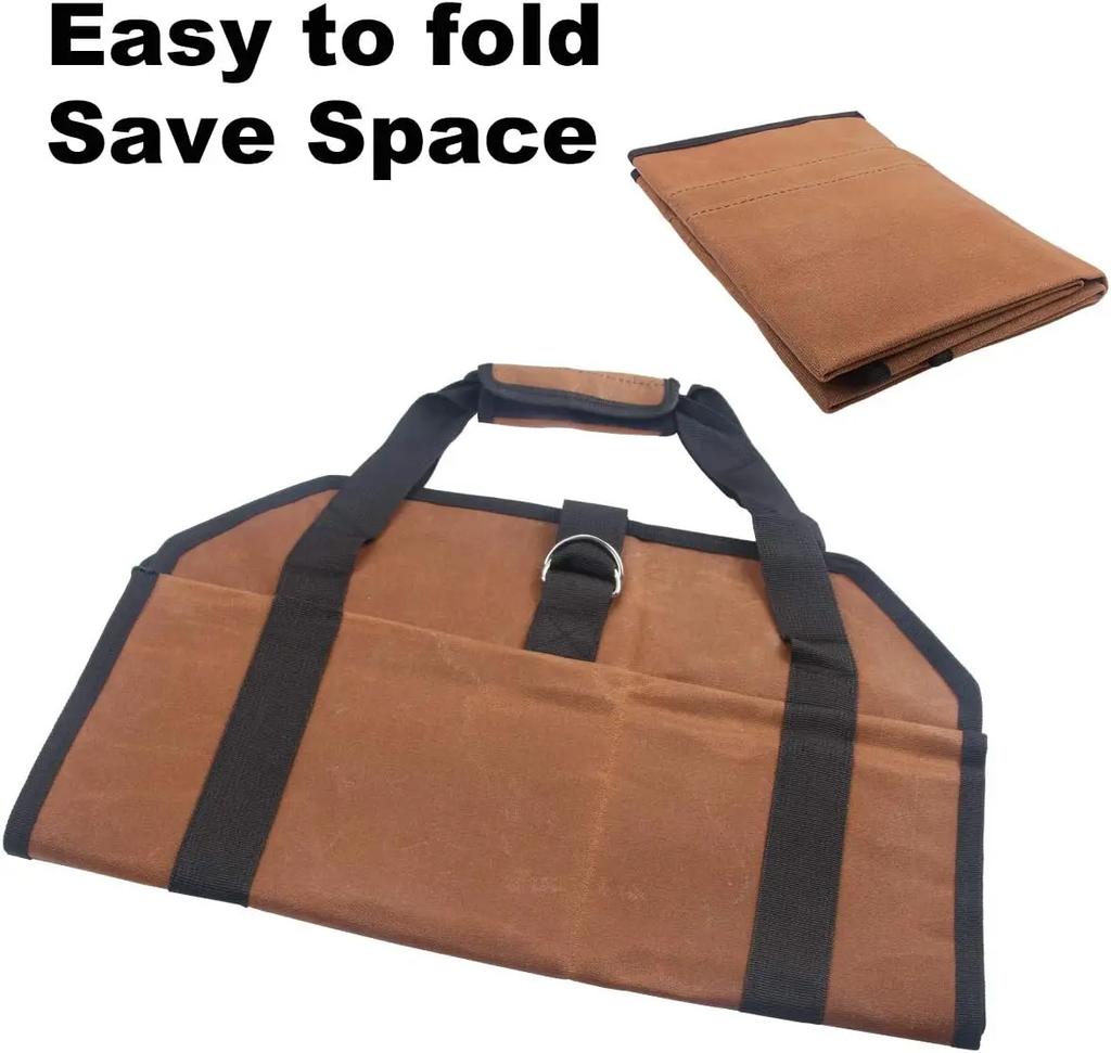 Robuste, gewachste Canvas-Tragetasche für Brennholz mit Griffen – ideal für Kamin, Feuerstelle und Camping.
