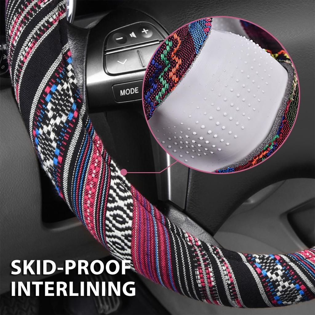 CAR PASS Boho Steering Wheel Cover, Ethnic Flax Cloth Universal Steering Wheel Cover,Anti-Slip Design, Fit 14.5-15 inches for Vehicles,Cars,SUV,Vans