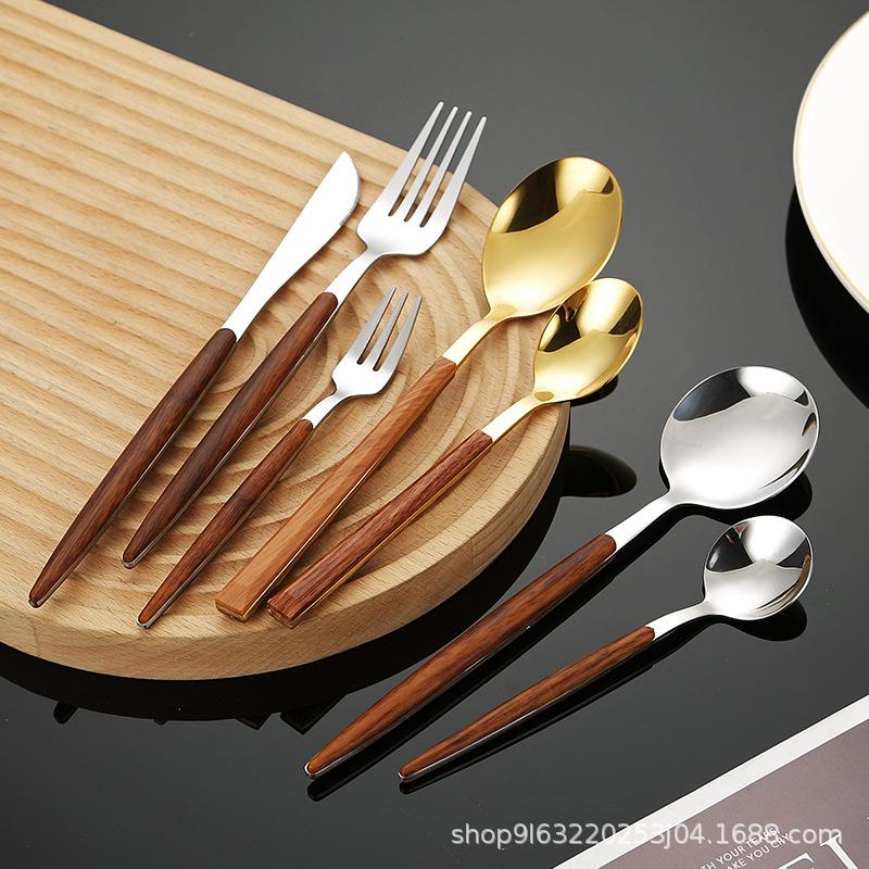 Stainless Steel Western Cutlery Set with Wood-Style Handles - Knife, Fork, Spoon, Steak Knife, Dessert Spoon, Titanium Plated