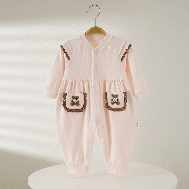 

Autumn New Cartoon Bear Pocket Floral Cotton Romper for Baby Girls Newborn Jumpsuit Pink 66