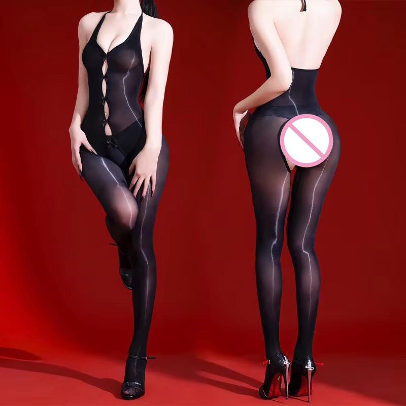 5D Glossy See-through Chest Bowknot Hollow Out One-piece Stockings Open Crotch No-take-off backless Halter Erotic Stockings