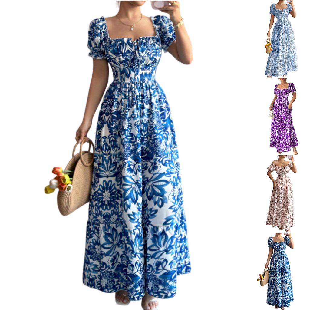 Women’s Elegant Floral Print Off Shoulder Maxi Dress with Puff Sleeves and Fitted Waist for Casual or Formal Wear