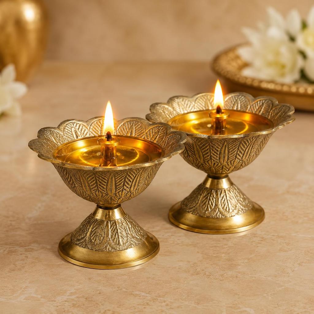 Brass Akhand Diya/Oil Lamp for Pooja, Mandir and Home Decoration (L-6.985 CM) 2pcs