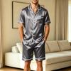 Men's Short Sleeve Pajama Set with Chest Pocket and Two Pocket Shorts for Casual Sleepwear