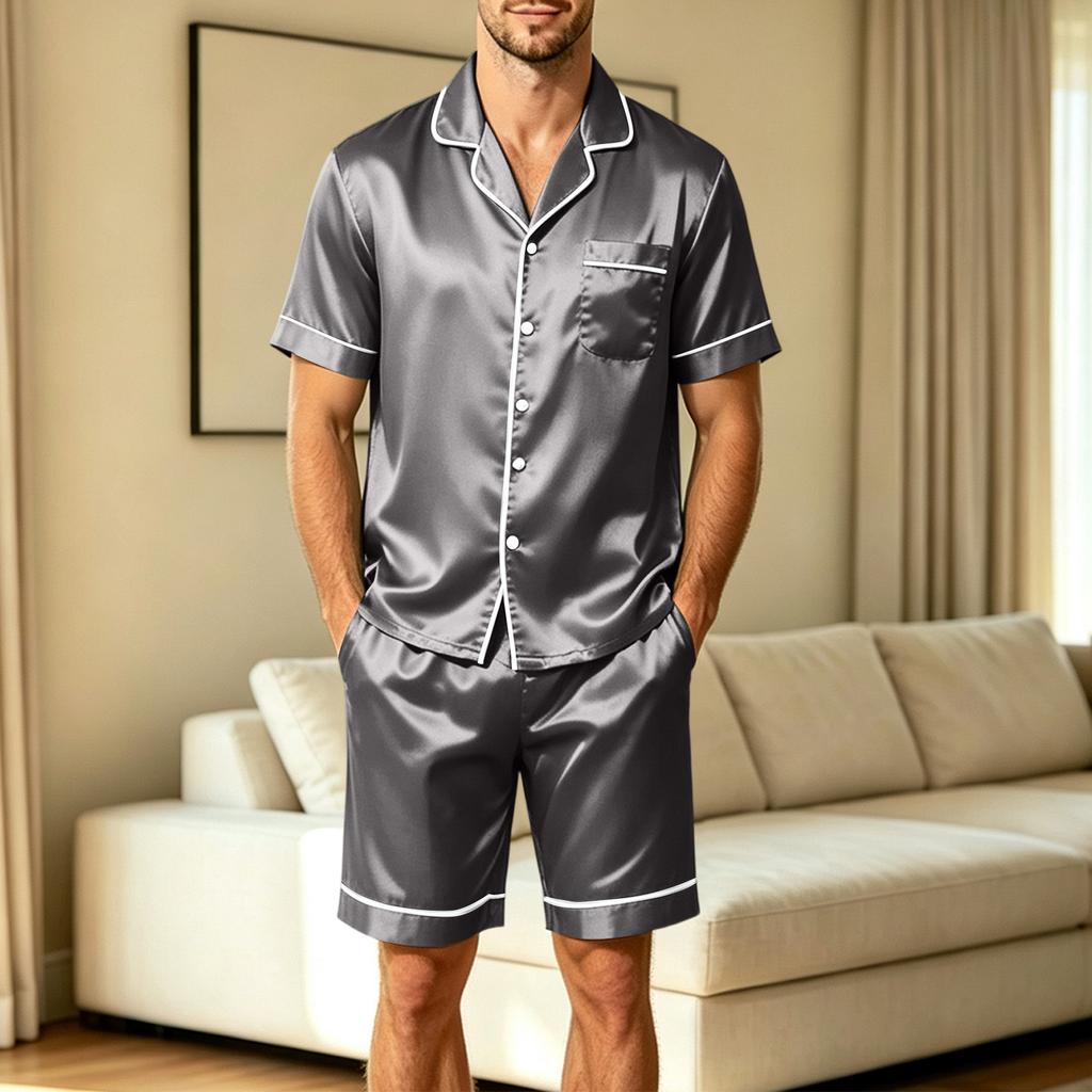 Men's Short Sleeve Pajama Set with Chest Pocket and Two Pocket Shorts for Casual Sleepwear