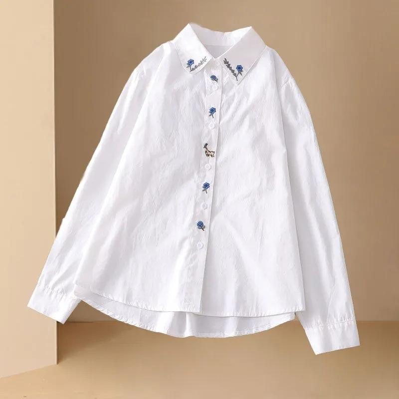 Spring Autumn Pure Cotton White Shirts Women Turn Down Collar Embroidered Long Sleeve Casual Tops Little Blue Flower