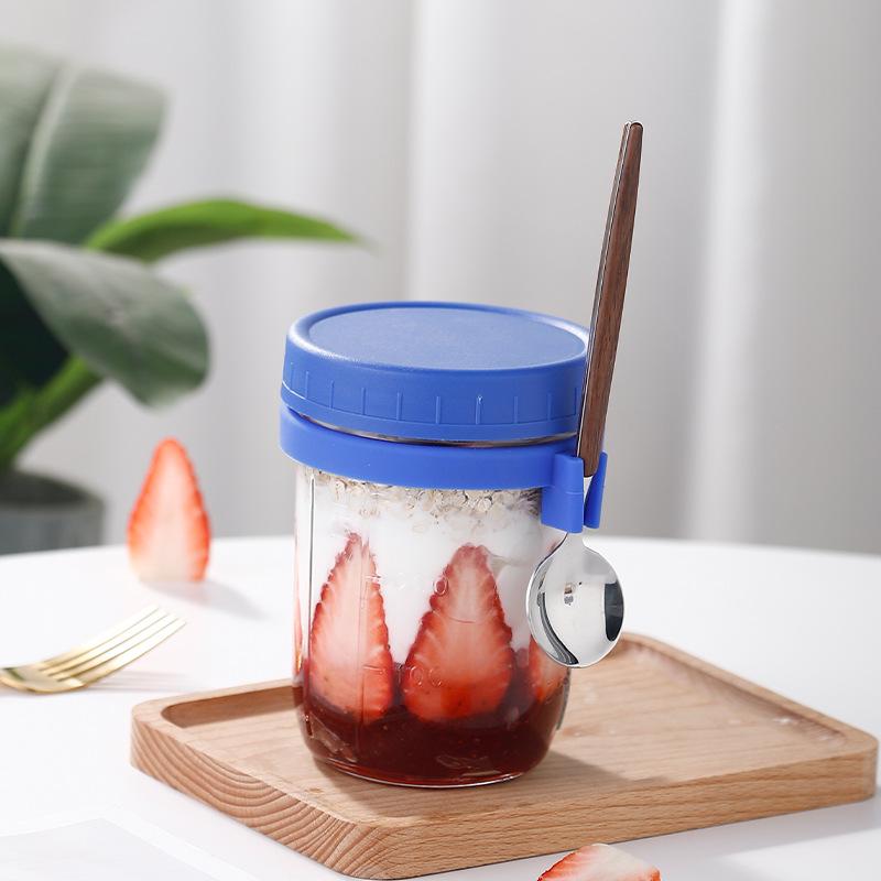 Overnight Oat Cup Transparent Glass Mason Cup Simple Portable Cereal Cup with Spoon Lid Yogurt Graduated Cup