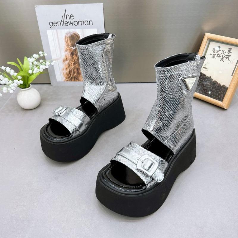 Women Thick-soled Sandals Metal Decoration Heel Wrap Rear Sandals Summer Party Medium Heel Roman Women Shoes Sandalias De Mujer