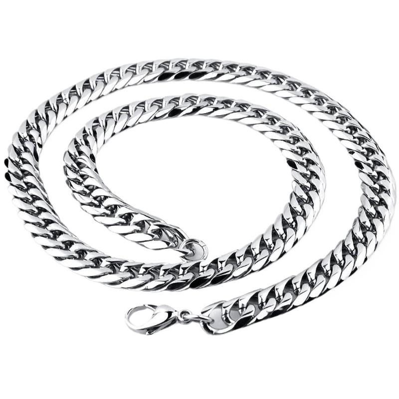 Men Cuban Link Chain Jewelry, Silver Color Stainless Steel Necklace & Bracelet, 8-14MM Wide, Punk Hip Hop Daily Accessories