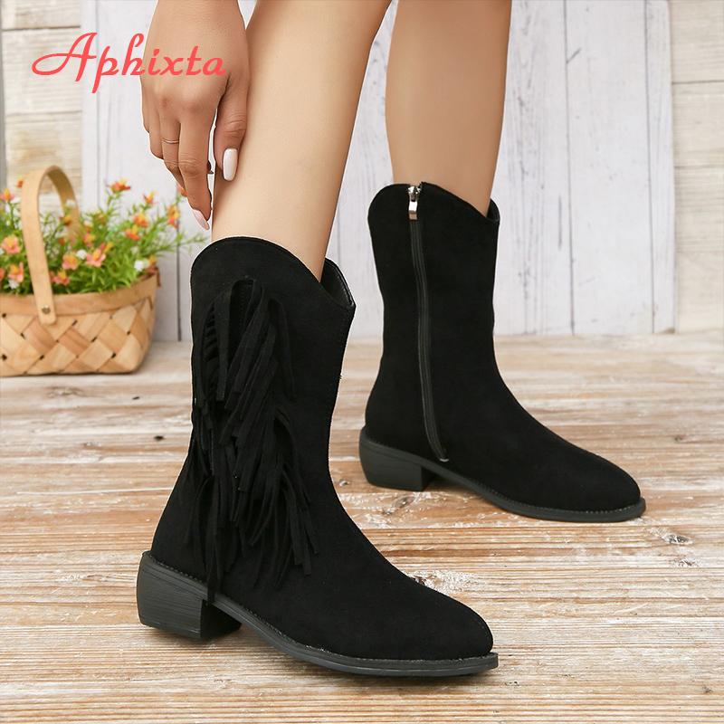 Fashion Aphixta Fringe Women Ankle Boots Side Zipper High Heels Modern Ankle Boots Black Shoes Woman Boats Botines Plus Size 43 Footwear