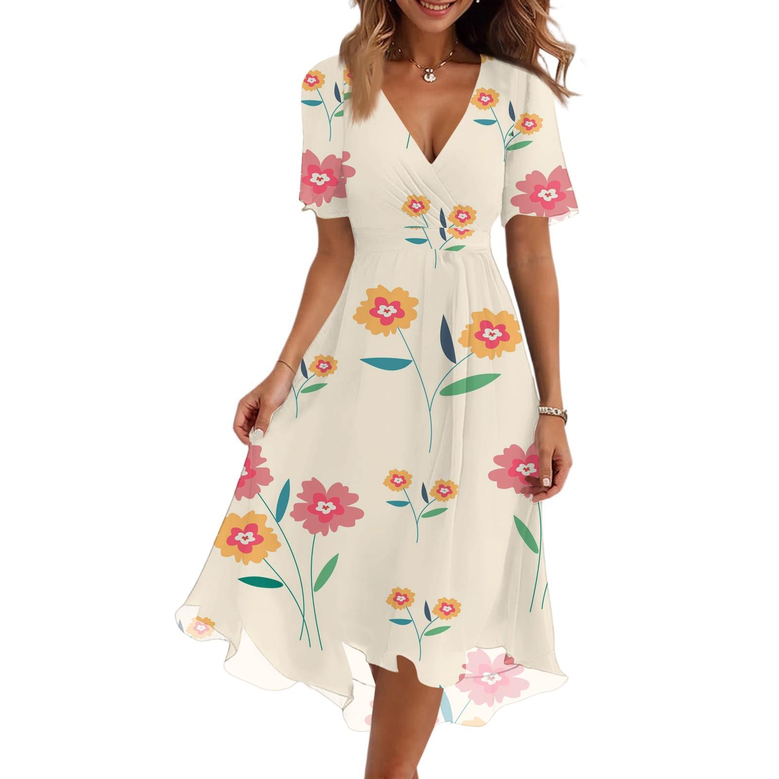 

Женское модное повседневное платье с V-образным вырезом, короткими рукавами и цветочным принтом M бежевый