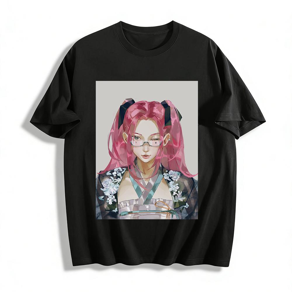 Japanese Pink-haired Glasses Girl Print Top Retro Maid Style Casual Loose Daily T-shirt Pure cotton T-shirt XXS