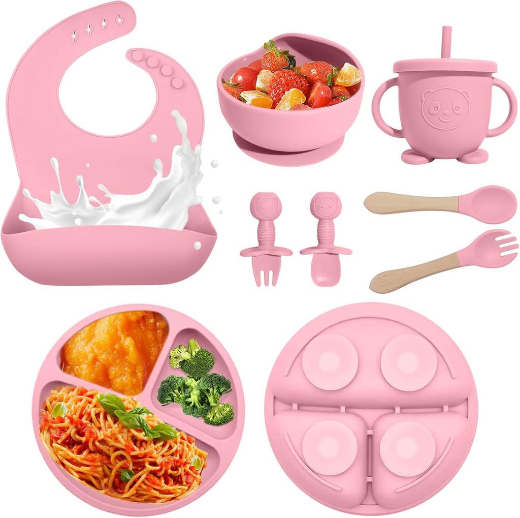 Silicone baby feeding kit, 8 pieces, including suction cup separated plate, bowl, bib, spoon, fork and sippy cup