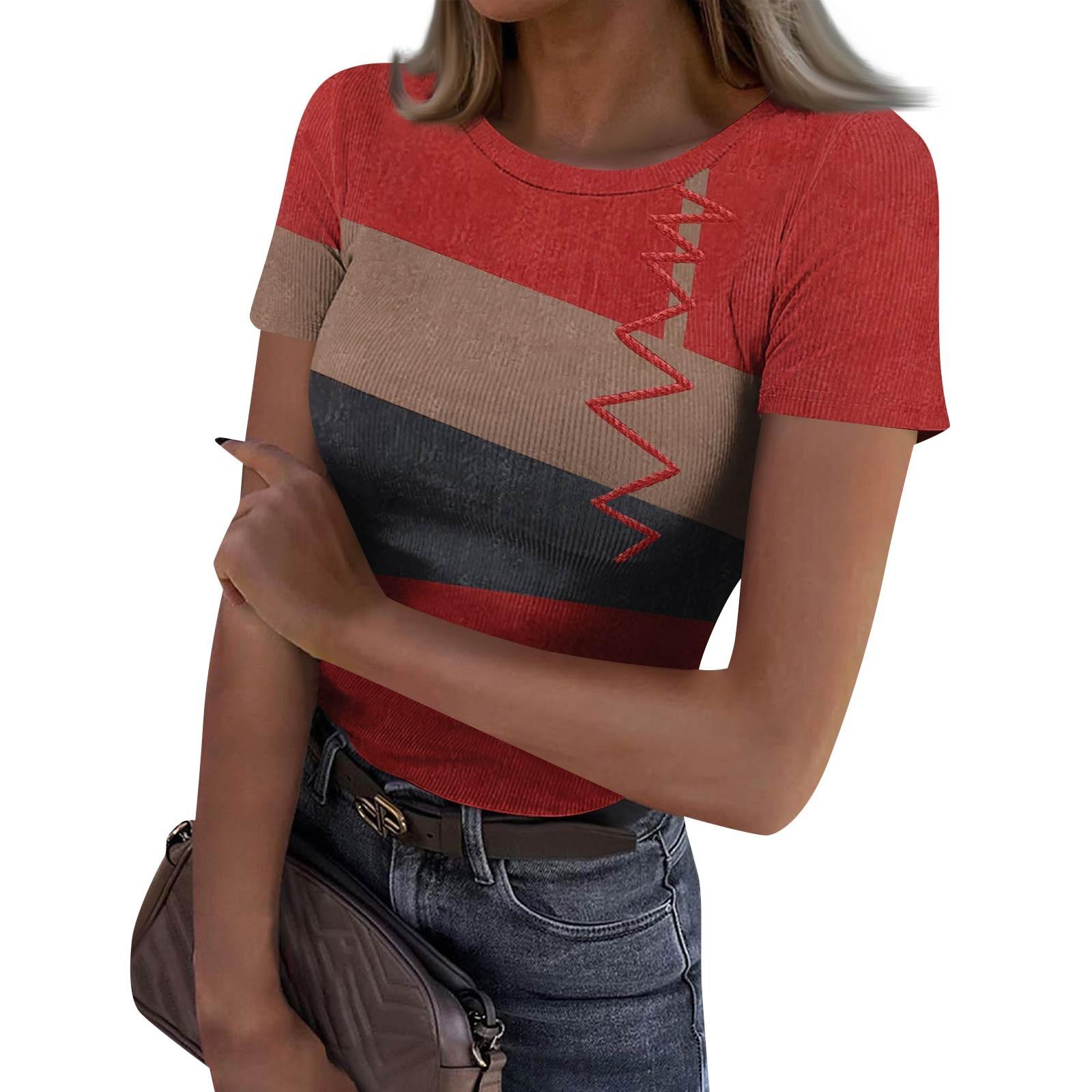 

Жіноча тонка футболка Модний повсякденний пуловер з круглим вирізом і короткими рукавами XL винний