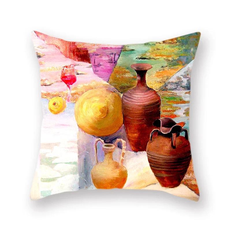 Retro Oil Painting Vase Flower Series Decorative Polyester Throw Pillowcase Living Room Sofa Car Square Cushion Cover Home Decor