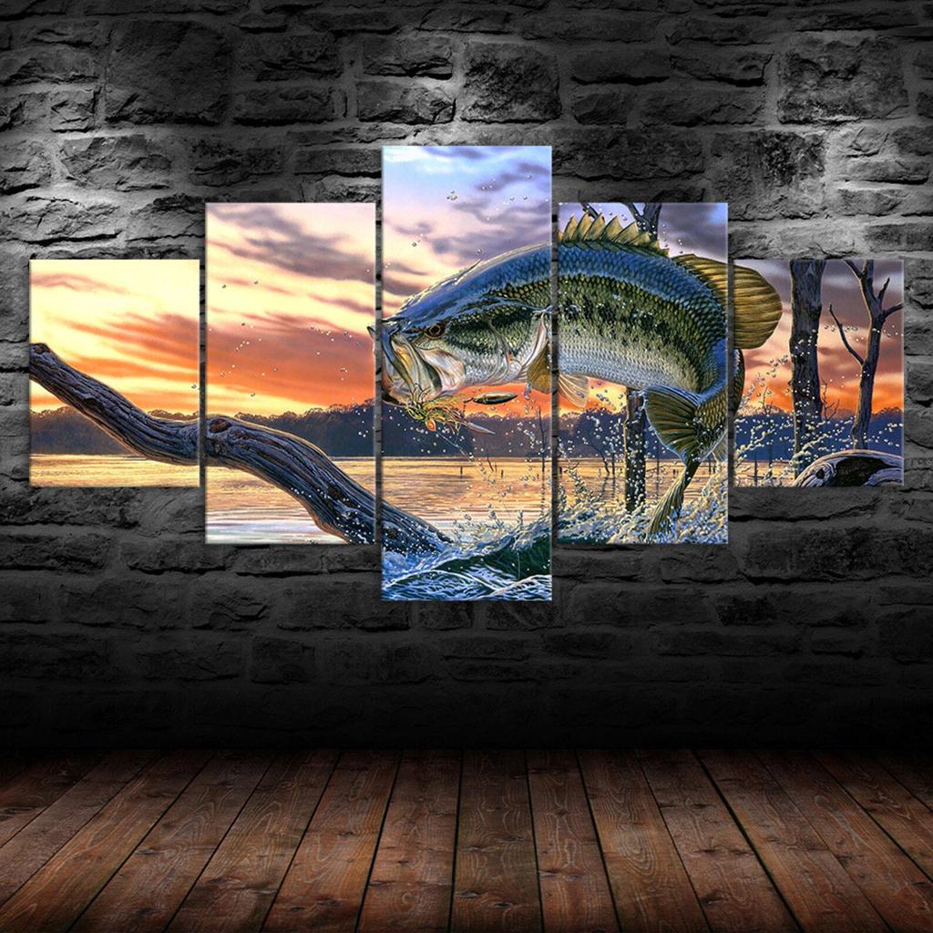 Jumping Fish Scene 5 Piece Five Panel Wall Canvas Print Modern Art Poster Picture Home Decor Gift For Him For Her