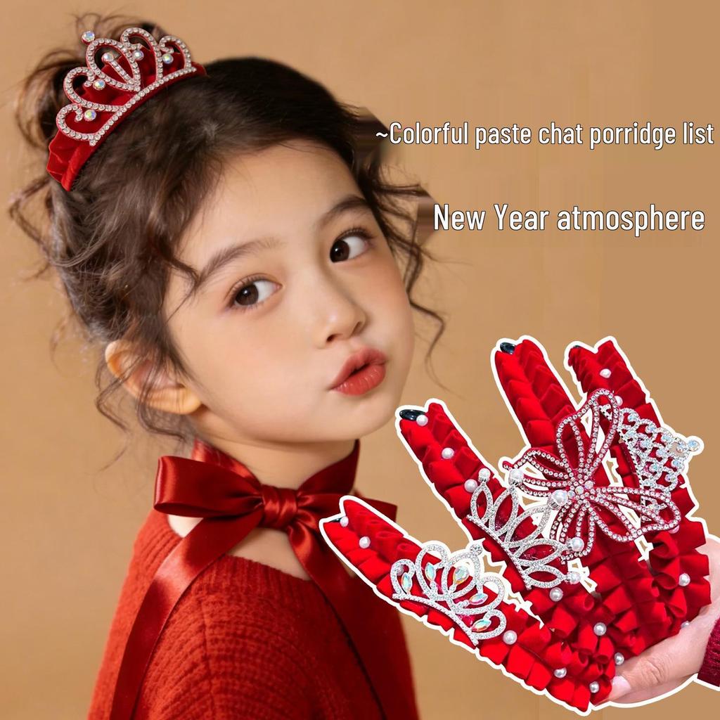 Children's 2026 New Year Red Crown Hair Clip Ponytail Holder for Girls