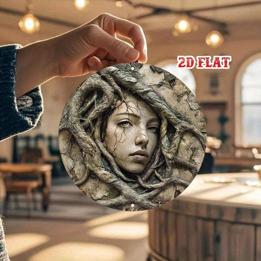 Retro Round Metal Tin Sign 7.8 Inch Stone Face Wall Art Nature Roots Design Frameless Home Decor
