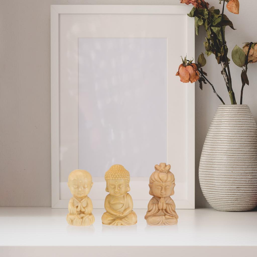 3Pcs Buddha Avalokitesvara Mini Statue Set Hand Carving Figurines for Zen Home Office Decoration Flower Pot Micro Decoration