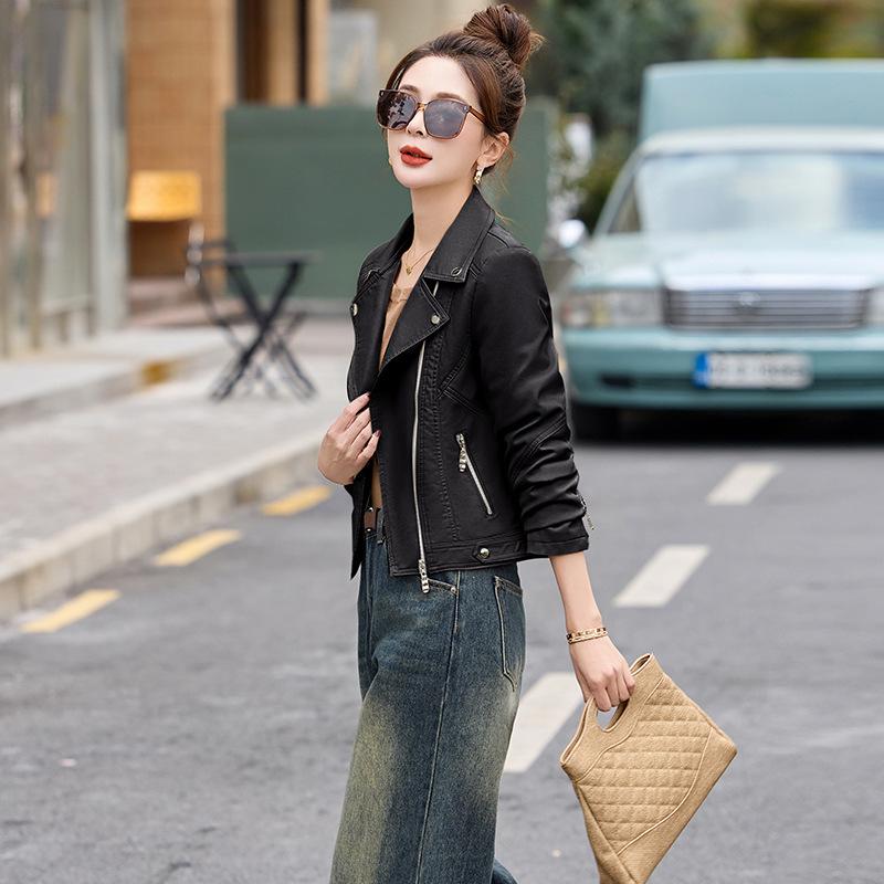 Leather jacket women's spring and autumn high-end casual locomotive soft leather jacket suit collar leather jacket top