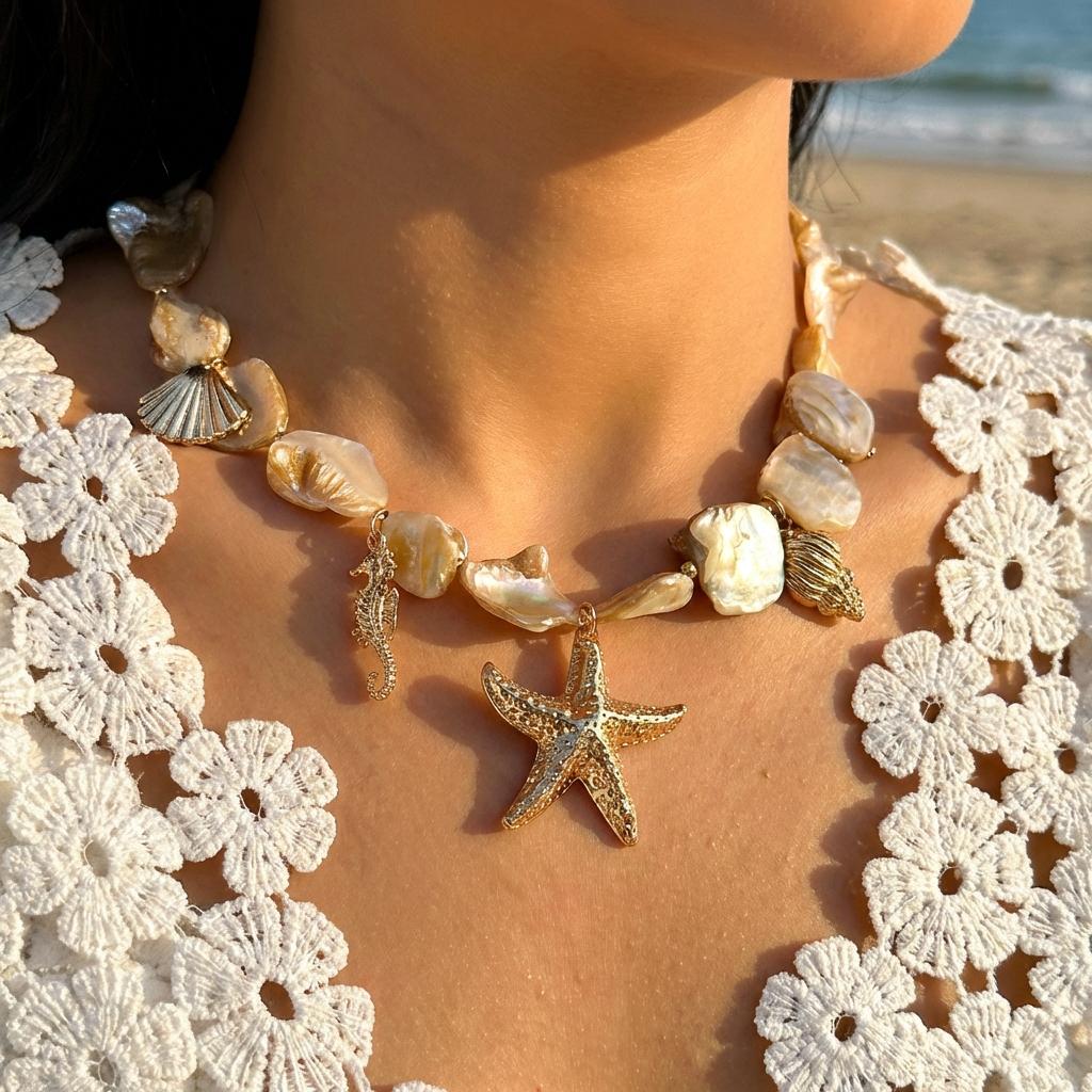 Bohemia Irregular Shell Beaded Necklace for Women Starfish Conch Pearl Pendant Metal Chain Choker Summer Beach Vacation Jewelry