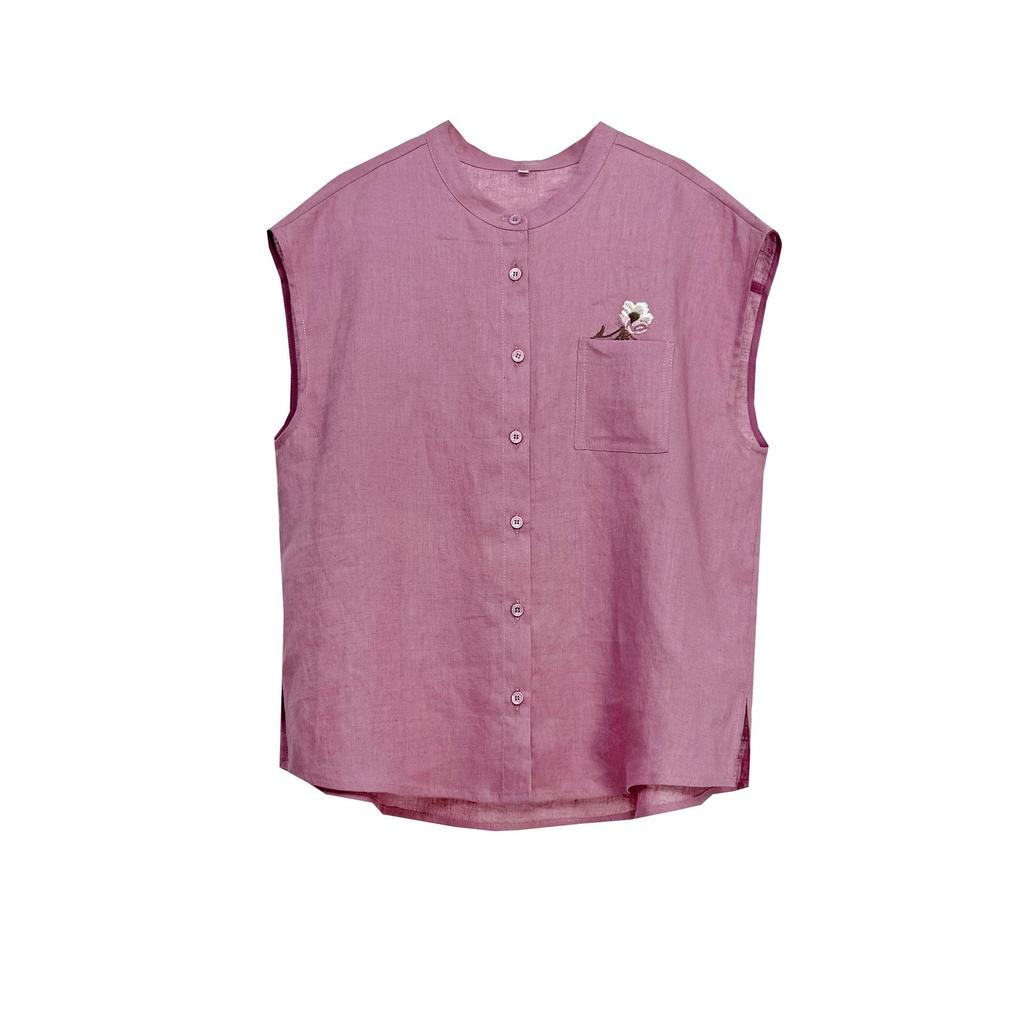 Literary Retro Women's Sleeveless Linen Embroidered Blouse - Summer Stand Collar Loose Fit, Slimming Plus Size.