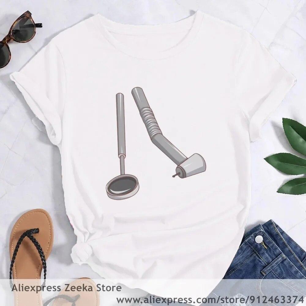 Zahn und Zahnarzt Grafik Ästhetik Frauen Lustige Print Damen T-shirt Mädchen Y2K Harajuku Basis O-kragen Weißes Hemd Kurze