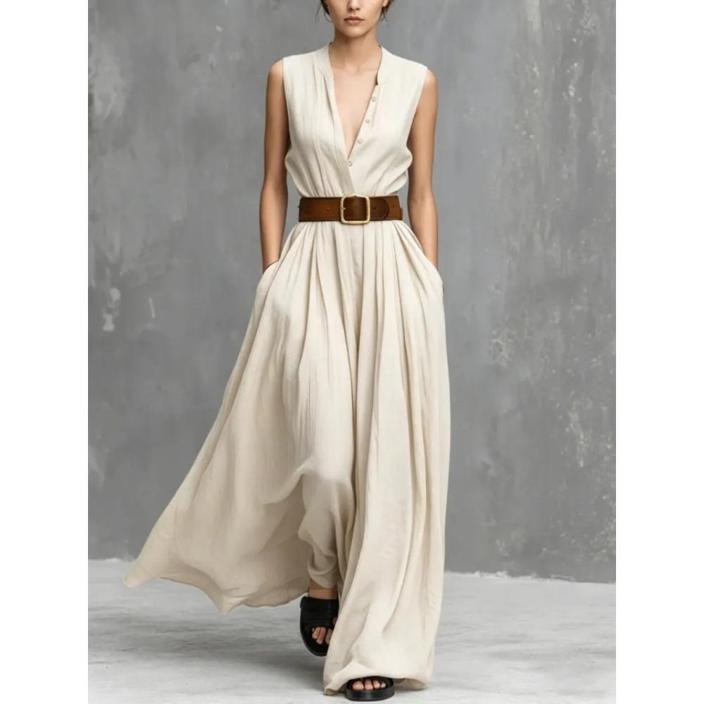 Women s V Neck Sleeveless Maxi Dress Loose Fit Solid Color Belted Empire Waist Swing Dress For Summer Casual Daily Holiday Outfit S
