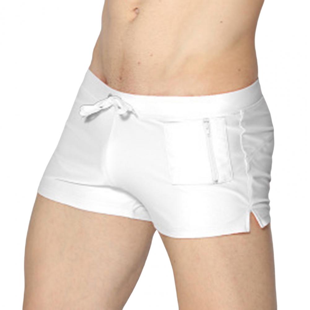 Men Swimming Everyday Shorts Drawstring Elastic Waist Zipepr Pockets Quick Dry Slim Fit Single Color U Convex Mid Waist Bathing Boxers Sur