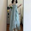 Coffee Break French Seaside Vacation Beach Blue Suspender Dress Women's Summer High-end Temperament Waist Long Skirt