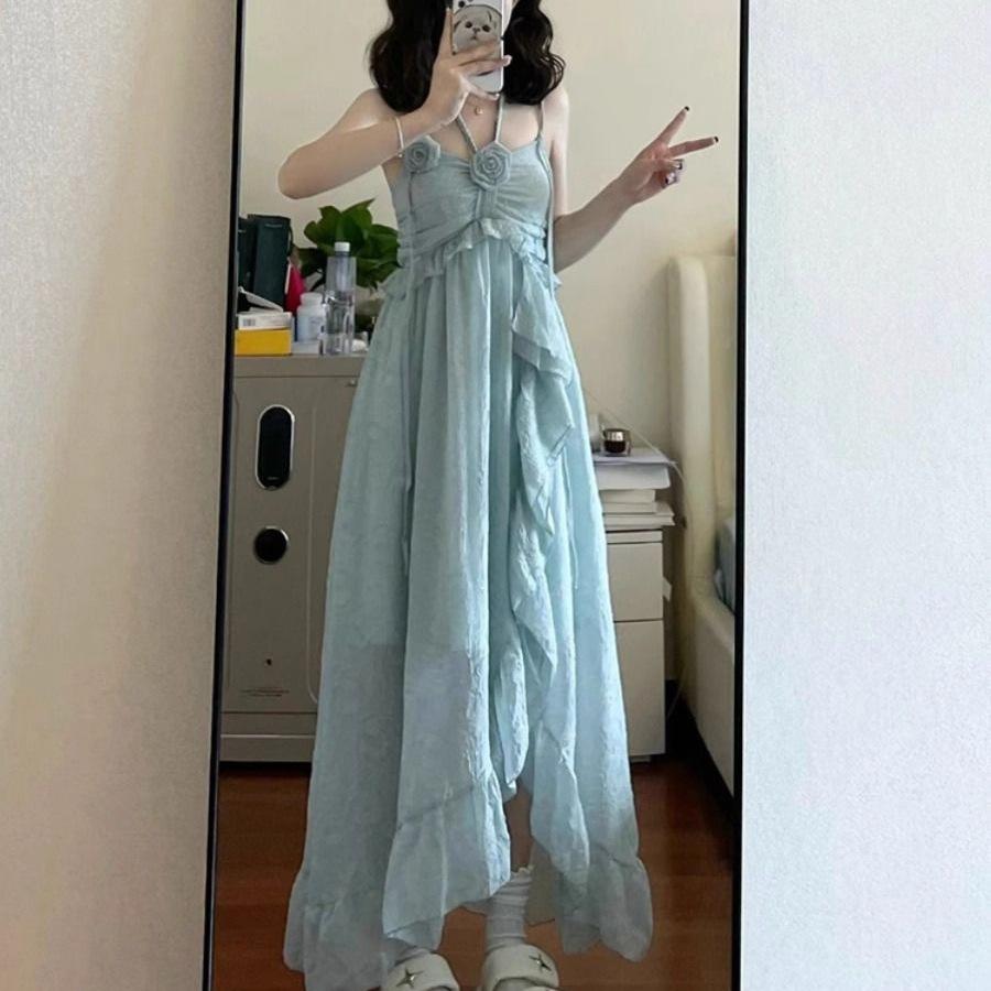 Coffee Break French Seaside Vacation Beach Blue Suspender Dress Women's Summer High-end Temperament Waist Long Skirt