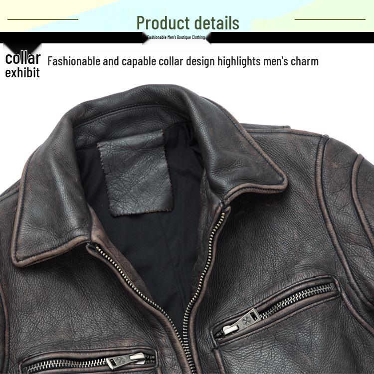 Men's Distressed Cowhide Leather Motorcycle Jacket - European & American Style