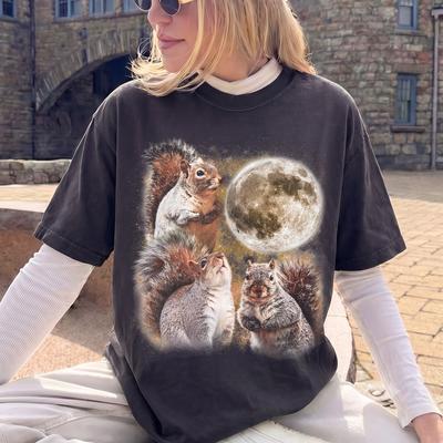 Retro Squirrels Full Moon T-Shirt, Starry Sky Graphic Tee, Woodland Animals Shirt