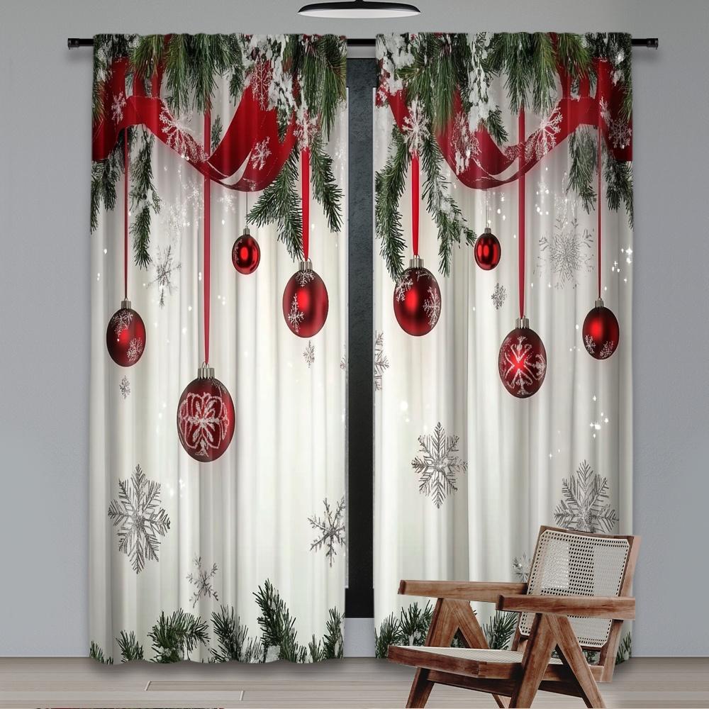 Flat Printing Christmas Hot Party Curtains Ball Red Ribbon Pine Branch Digital Printed Polyester Drapes Non Set Of 2 Made
