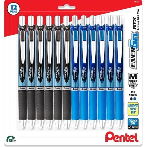 Pentel Energel 0.7 mm Rtx Retractable, 6 Black & 6 Blue Ink Pens Needle Tip, Medium Point Energel Liquid Gel Ink Pens 0.7 mm. Pack of 12
