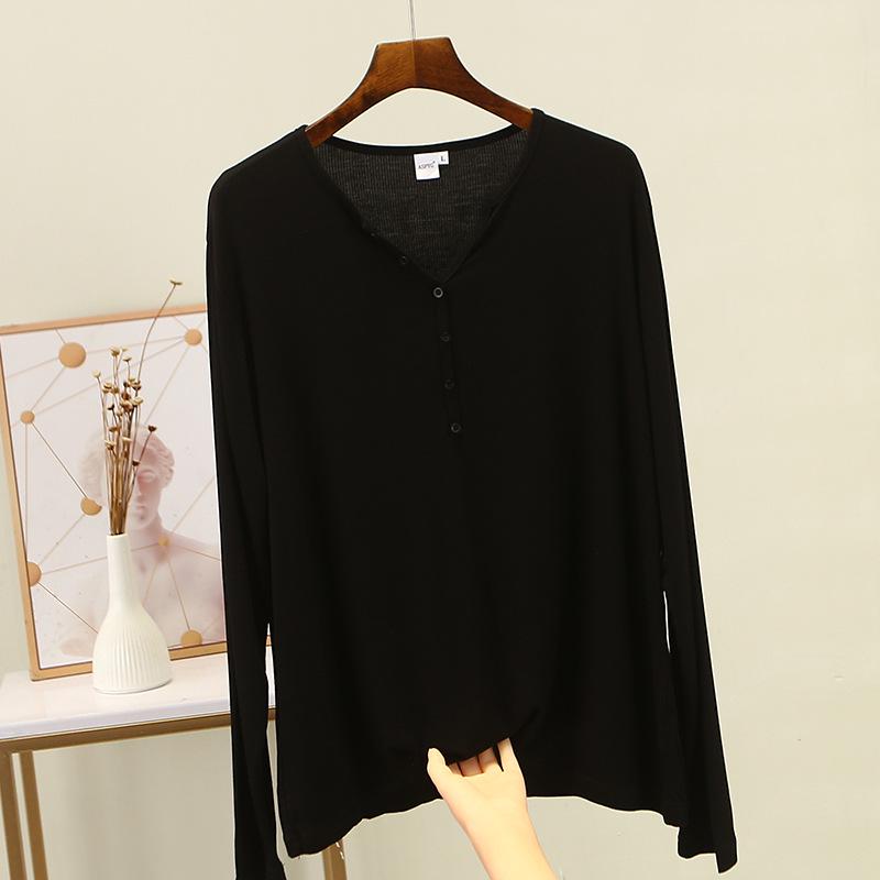 V-Neck Button-Down Long-Sleeve Modal T-Shirt - Loose Fit, Solid Color, All-Match Autumn Top