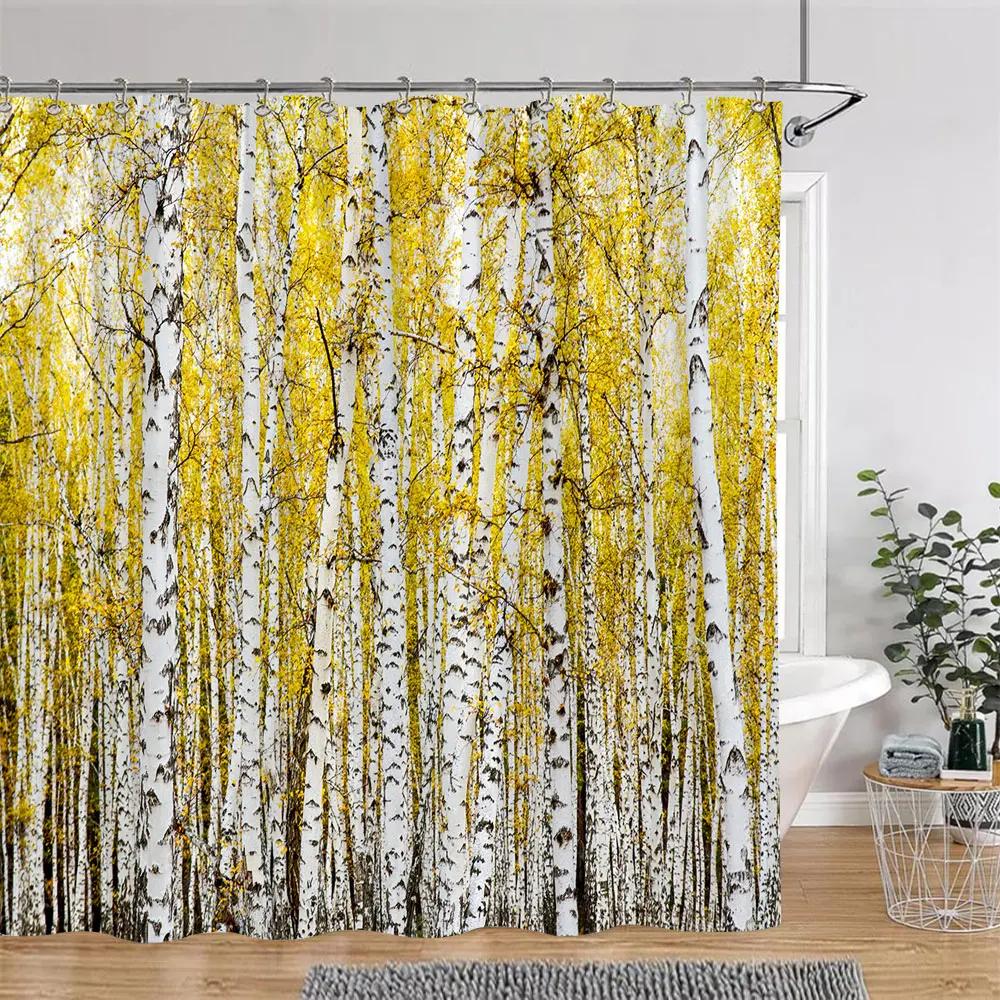 Beautiful Autumn Landscape Shower Curtain Forest Lake Fire Red Golden Leaves Nature Landscape Fabric Bath Curtain Bathroom Decor